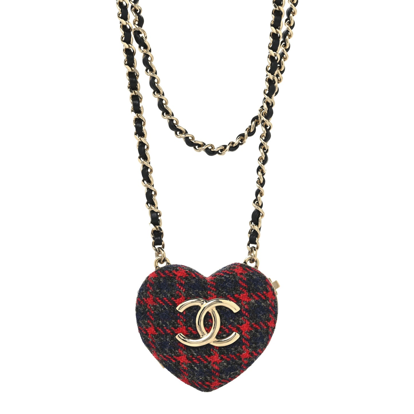Tweed Lambskin CC Heart Locket Necklace Gold Grey Red Black