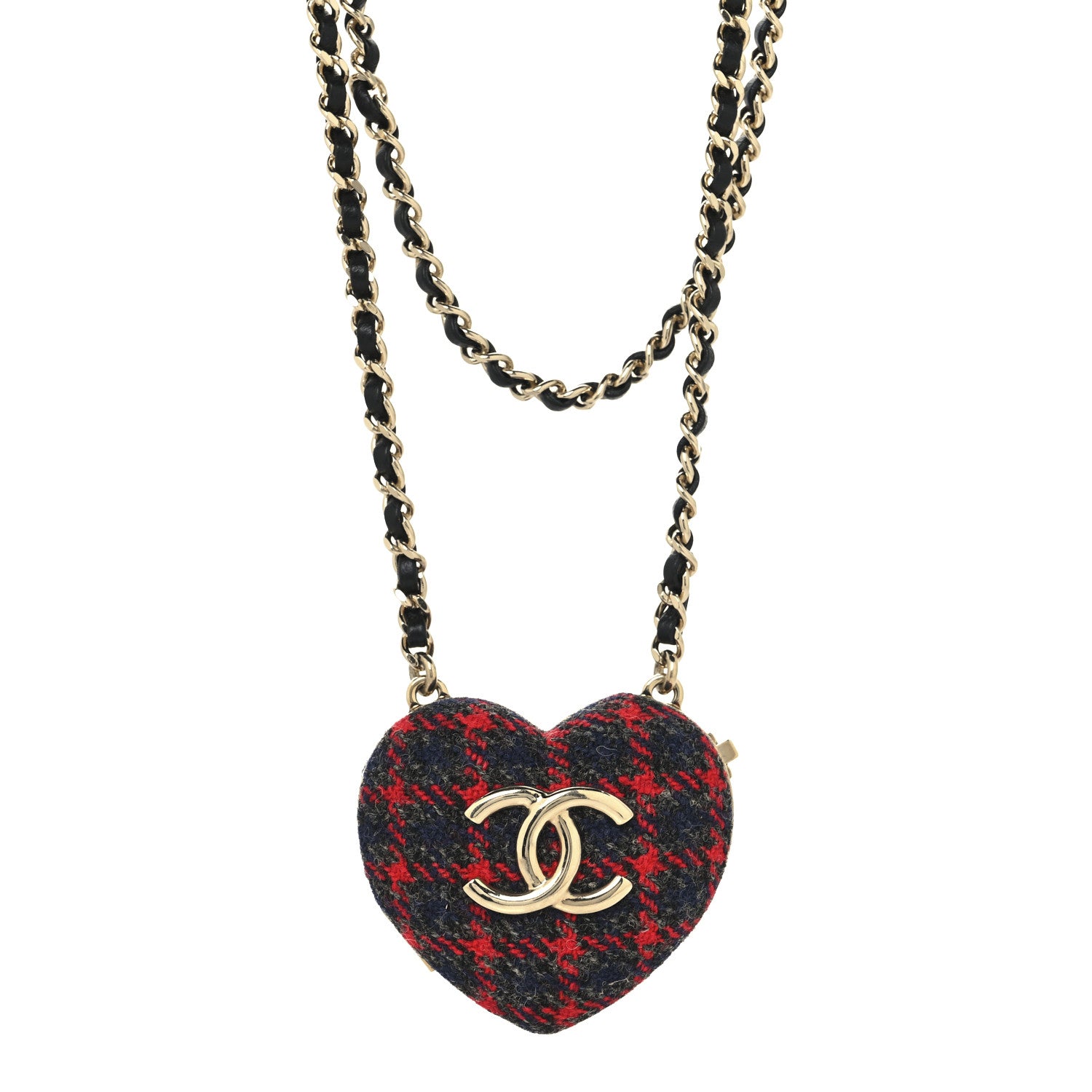 Chanel Tweed Lambskin CC Heart Locket Necklace Gold Grey Red Black 1 of 5