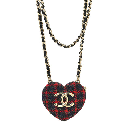 Chanel Tweed Lambskin CC Heart Locket Necklace Gold Grey Red Black 1 of 5