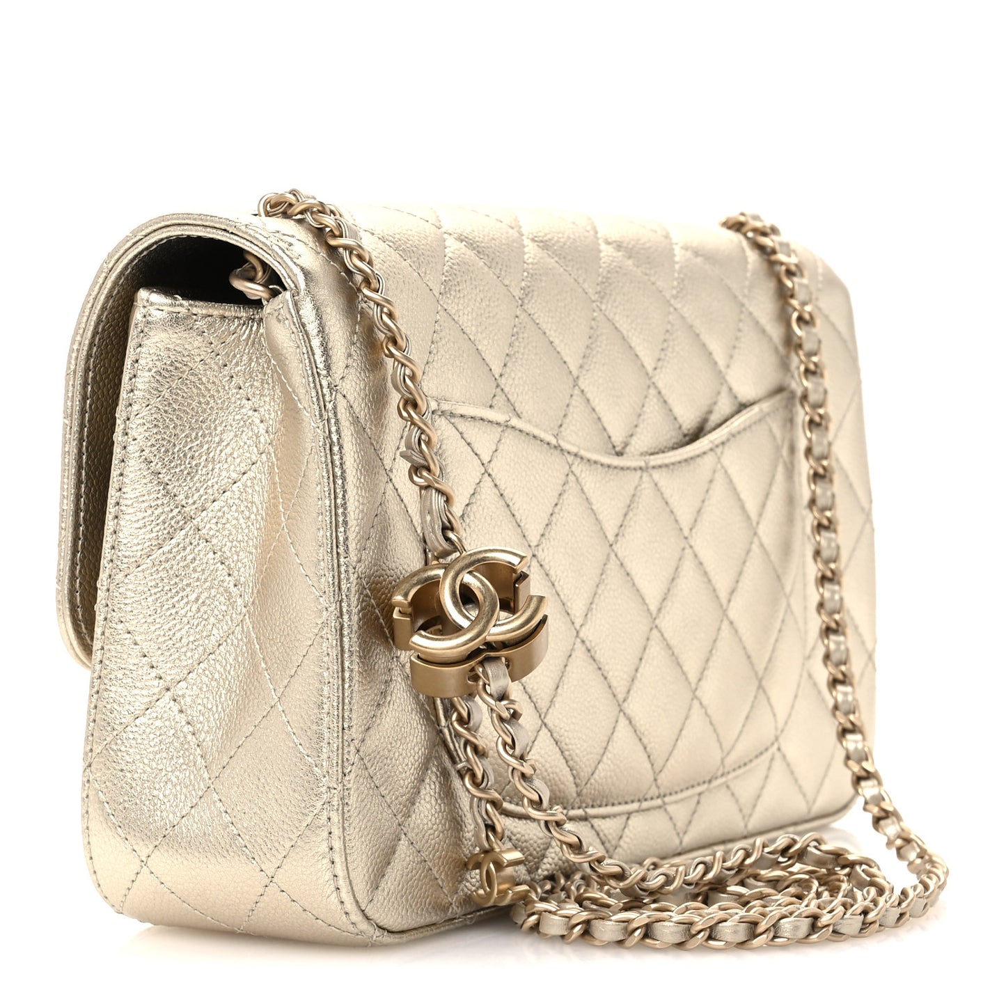 Metallic Caviar Quilted Medium CC Slide Flap Light Gold