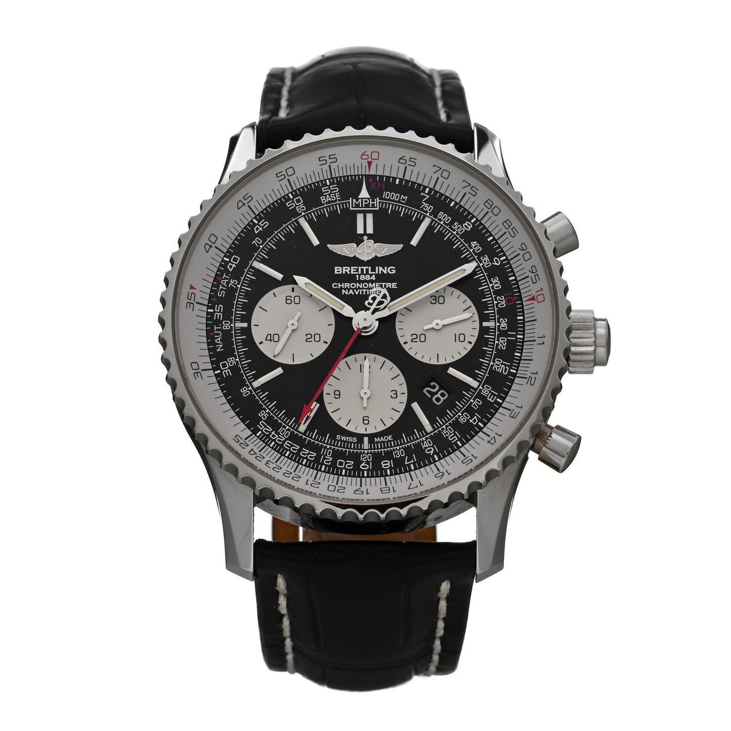 Stainless Steel Alligator 44mm Navitimer 1884 Chronograph Automatic Watch Black AB0310