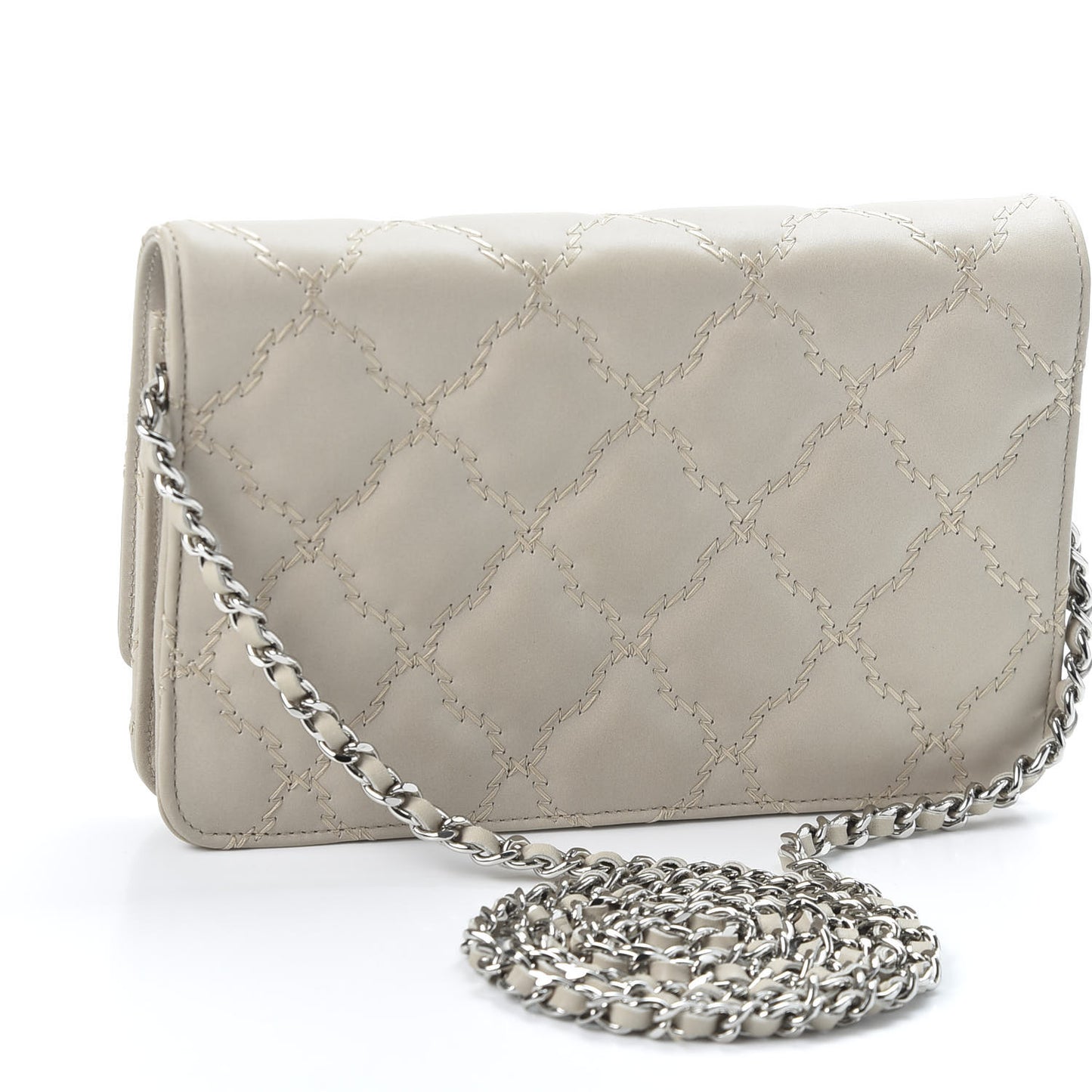 Calfskin Double Stitch Hamptons Wallet On Chain WOC Grey