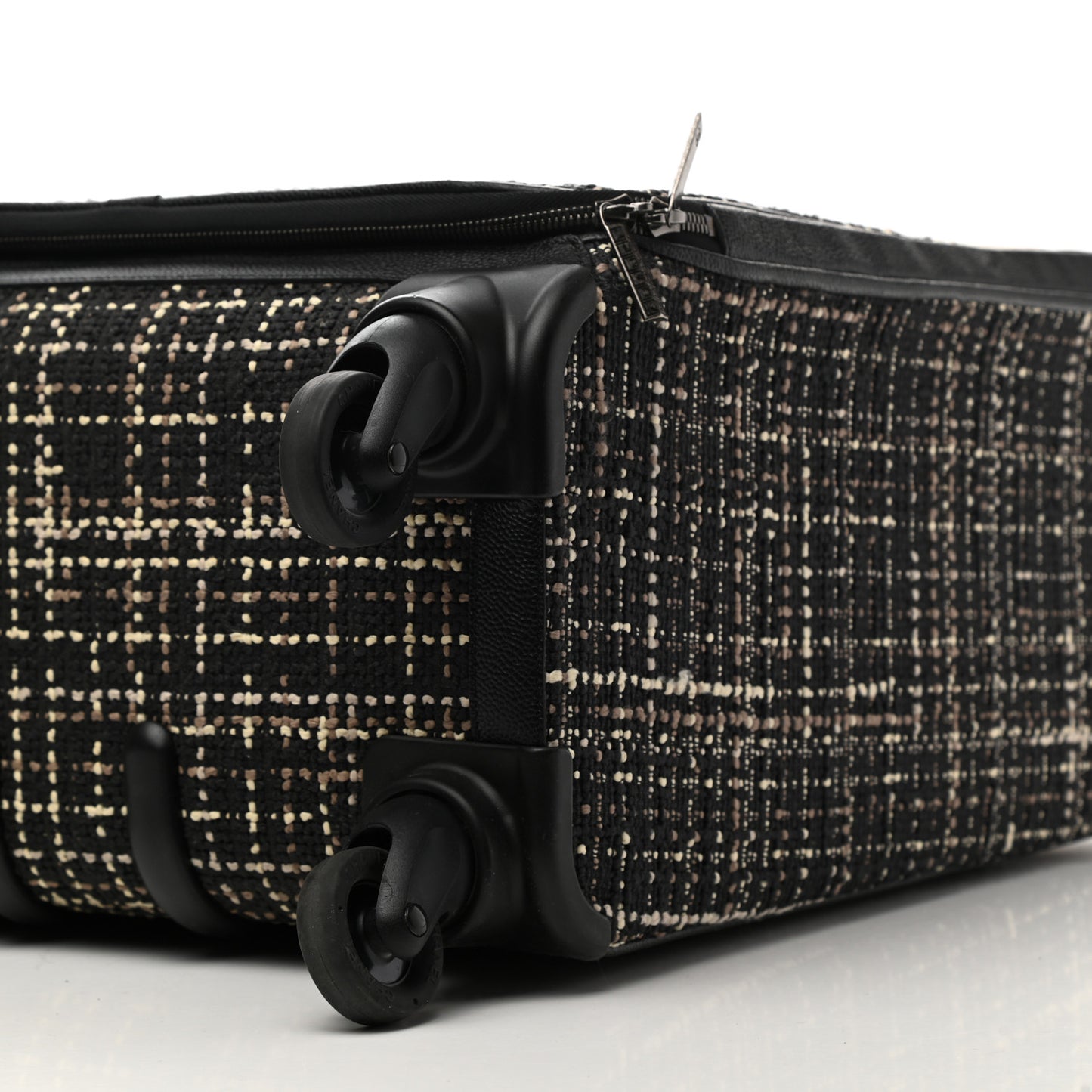 Tweed Calfskin Quilted Coco Case Trolley Rolling Luggage Black