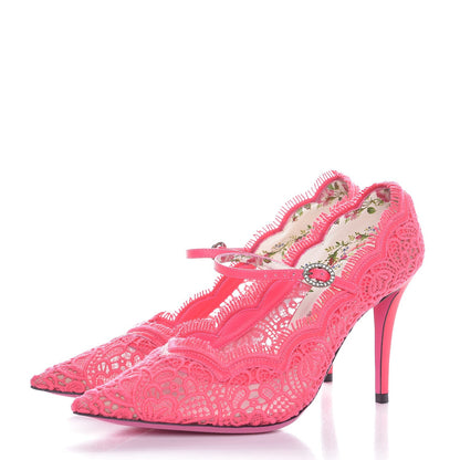 Gucci Lace Pizzo Venice Pumps 37 Fuxia Fluo Mystic White 3 of 7