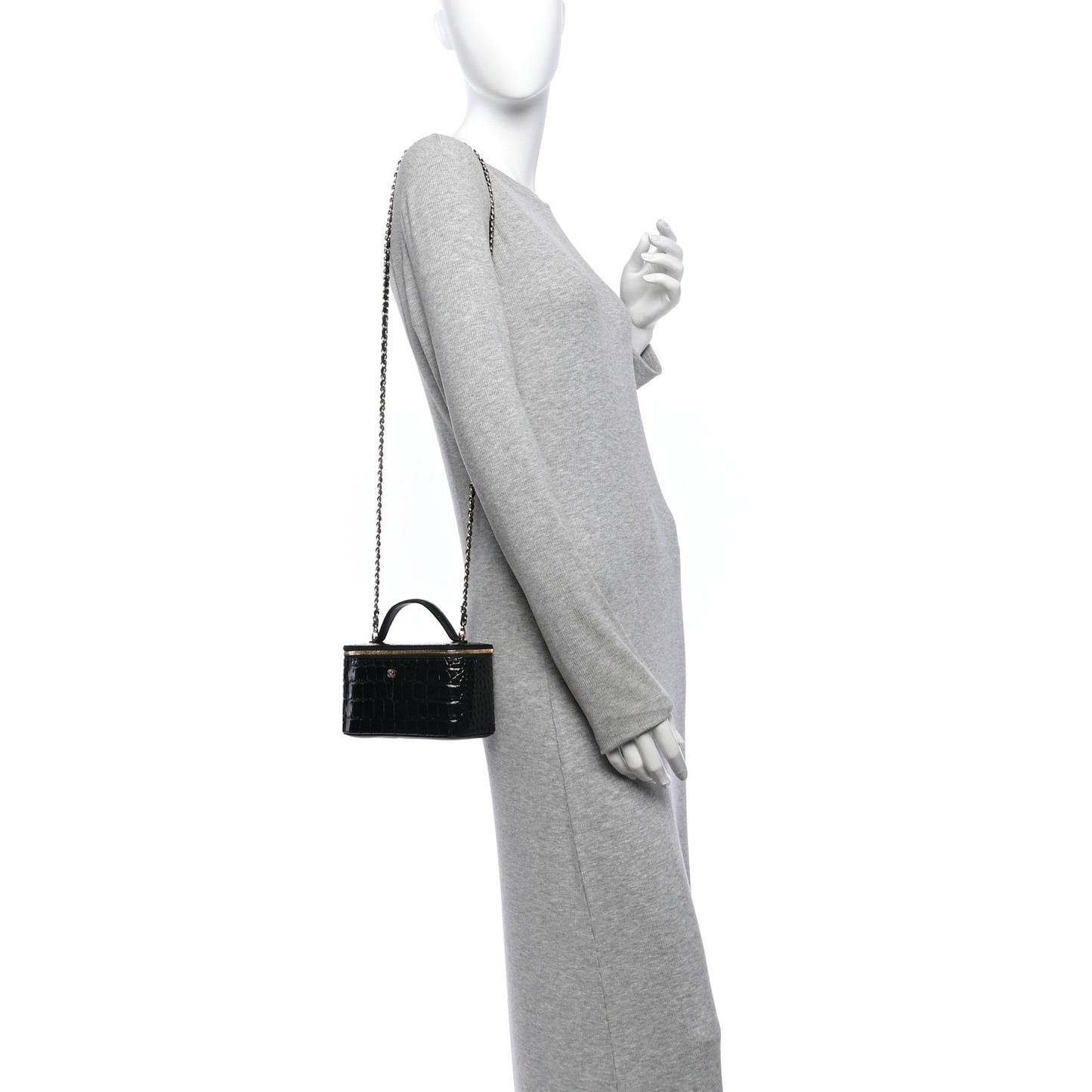 Calfskin Crocodile Embossed Crococo Small Top Handle Vanity Case With Chain Black