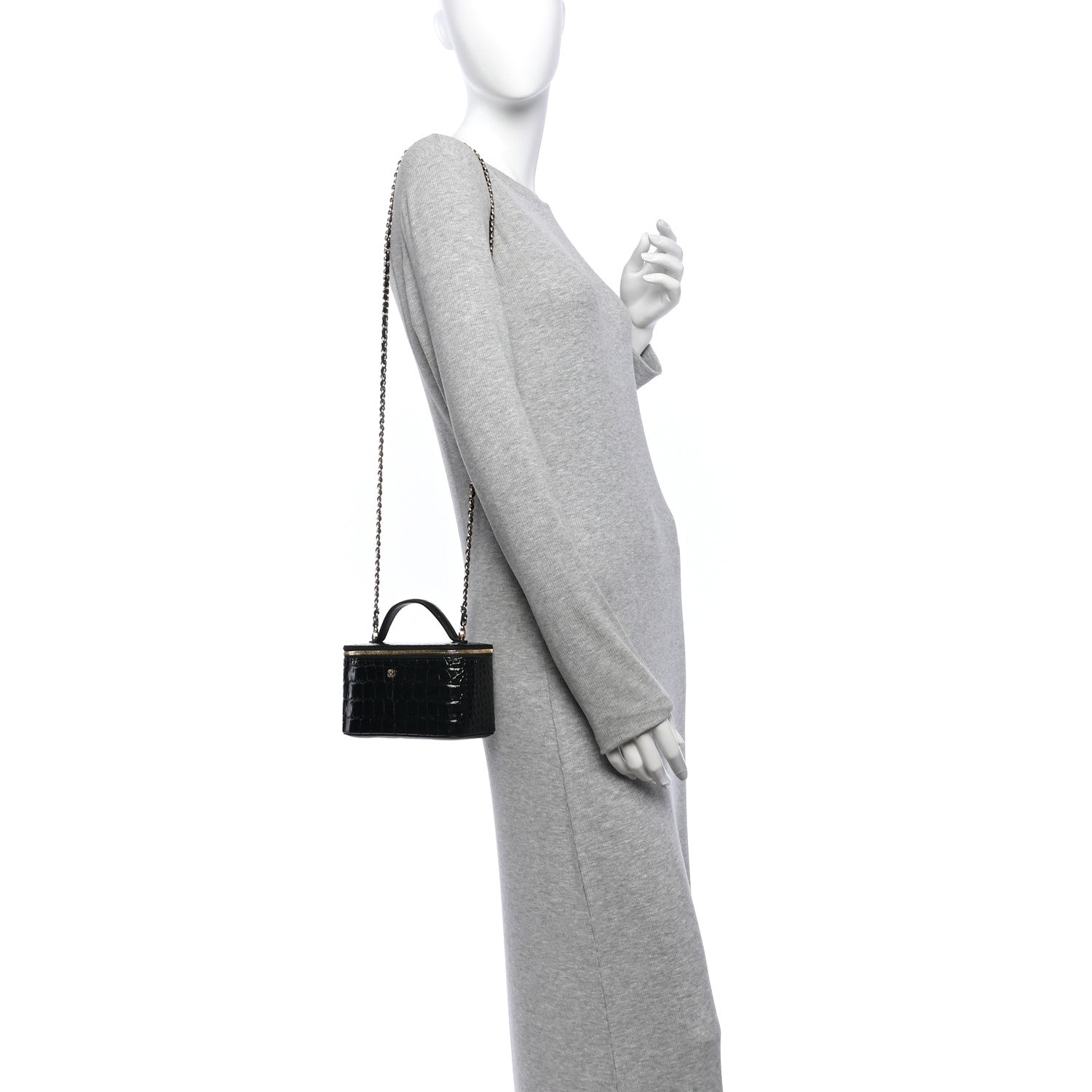 Chanel Calfskin Crocodile Embossed Crococo Small Top Handle Vanity Case With Chain Black 2 of 11