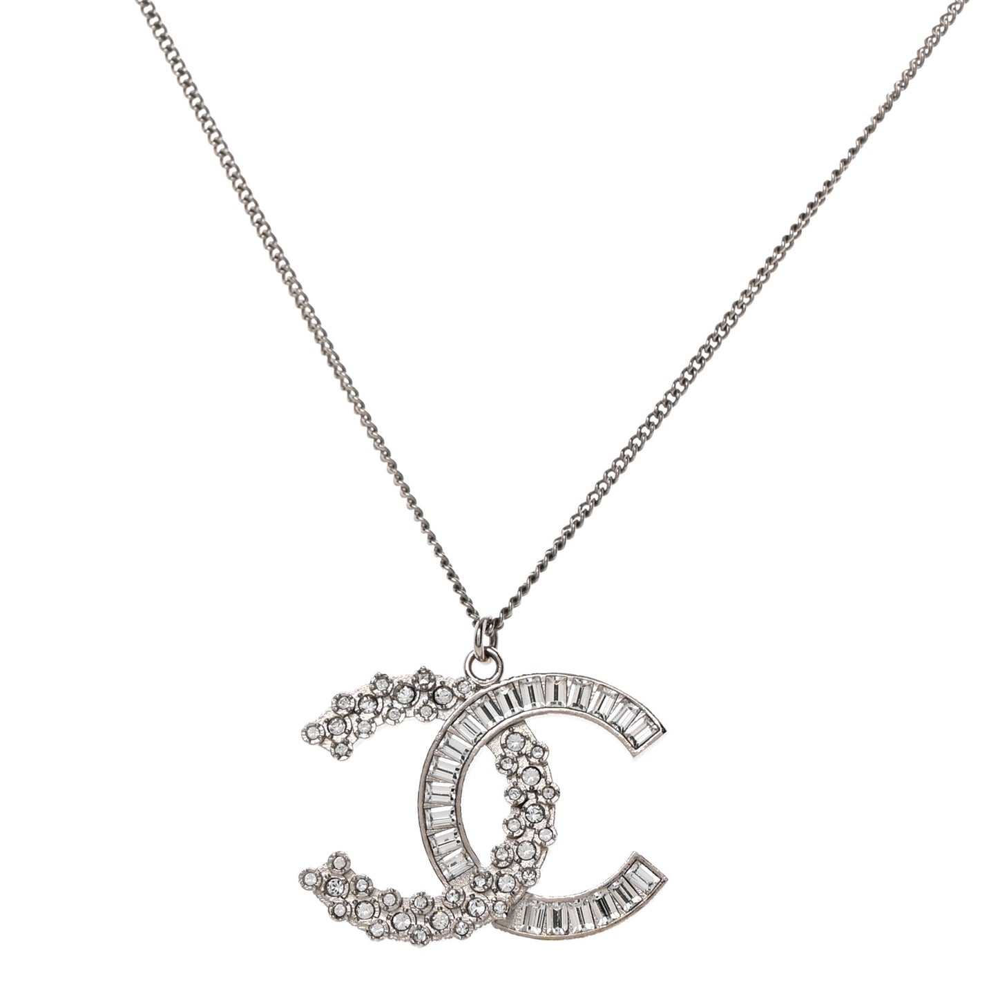 Crystal Baguette CC Pendant Necklace Silver