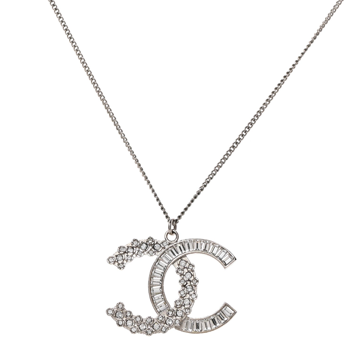 Chanel Crystal Baguette CC Pendant Necklace Silver 1 of 5