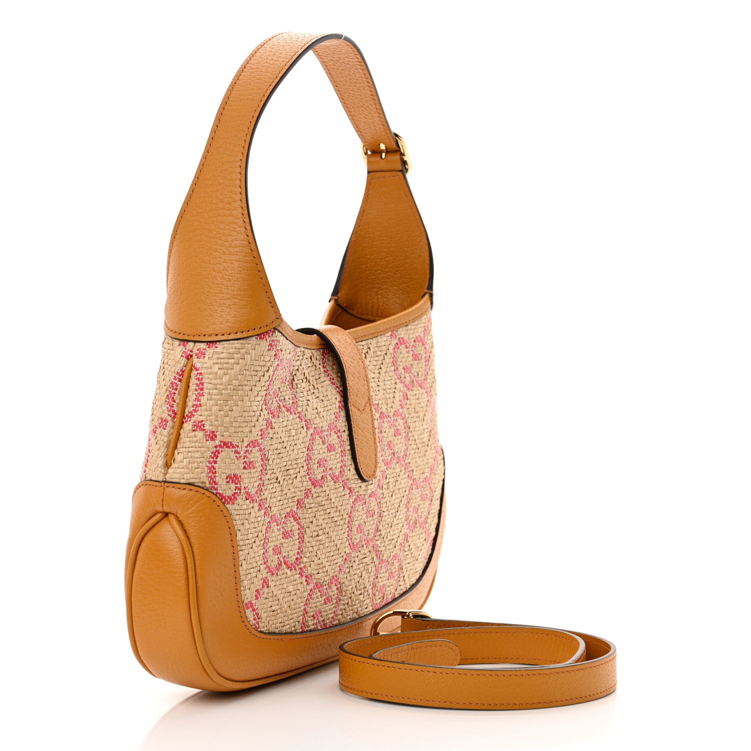 Gucci Raffia Textured Dollar Calfskin GG Monogram Small Jackie 1961 Hobo Natural Bright Hibiscus Sun Oil 3 of 13