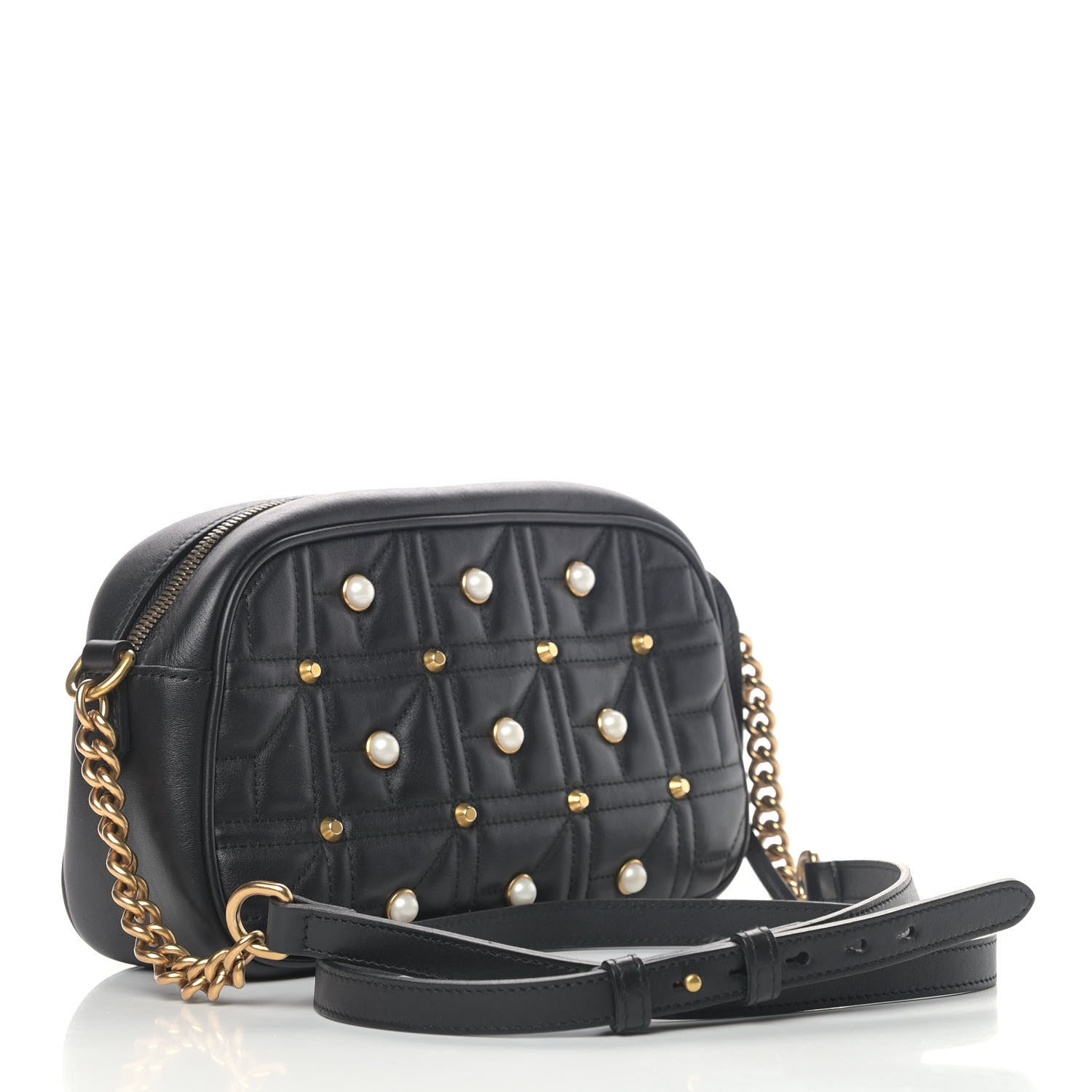 Gucci Calfskin Matelasse Studded Small Pearly GG Marmont Chain Shoulder Bag Black 2 of 4