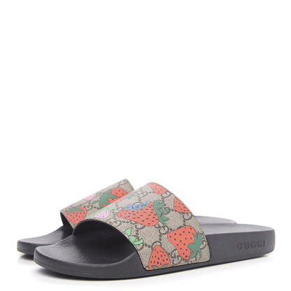 Gucci GG Supreme Monogram Strawberry Slide Sandals 38 Beige Multicolor 3 of 7