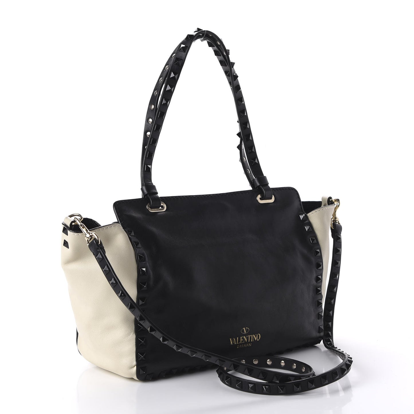 Vitello Monochrome Small Rockstud Tote Black Light Ivory