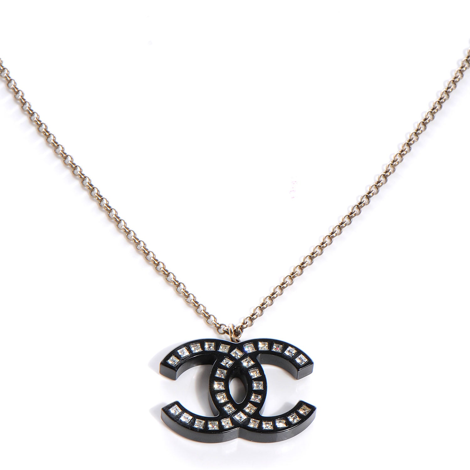 Chanel Crystal Studded CC Necklace Black Silver 1 of 5