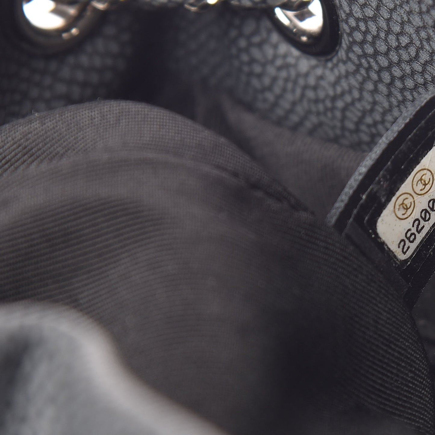 Caviar Flat Quilted CC Chain Bucket Drawstring Bag Black