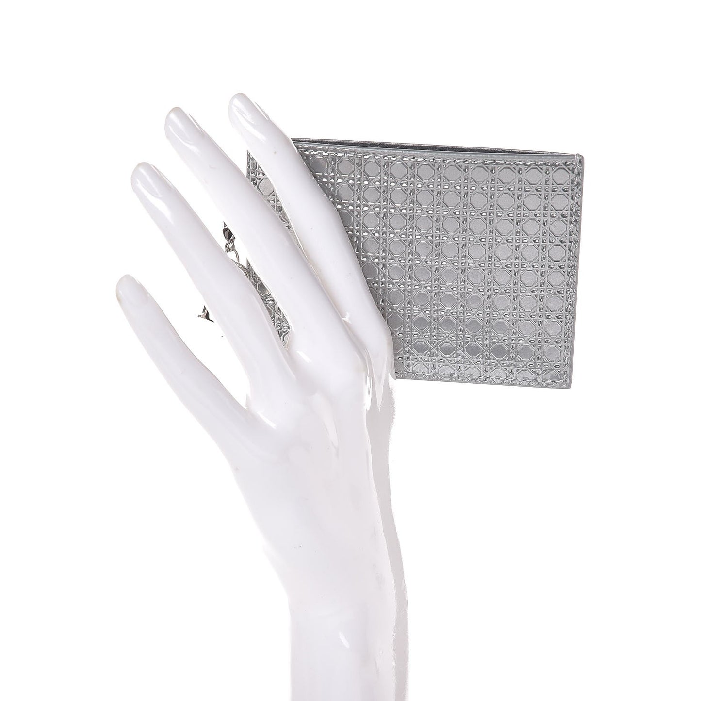 Metallic Patent Micro-Cannage Lady Dior Card Holder Silver