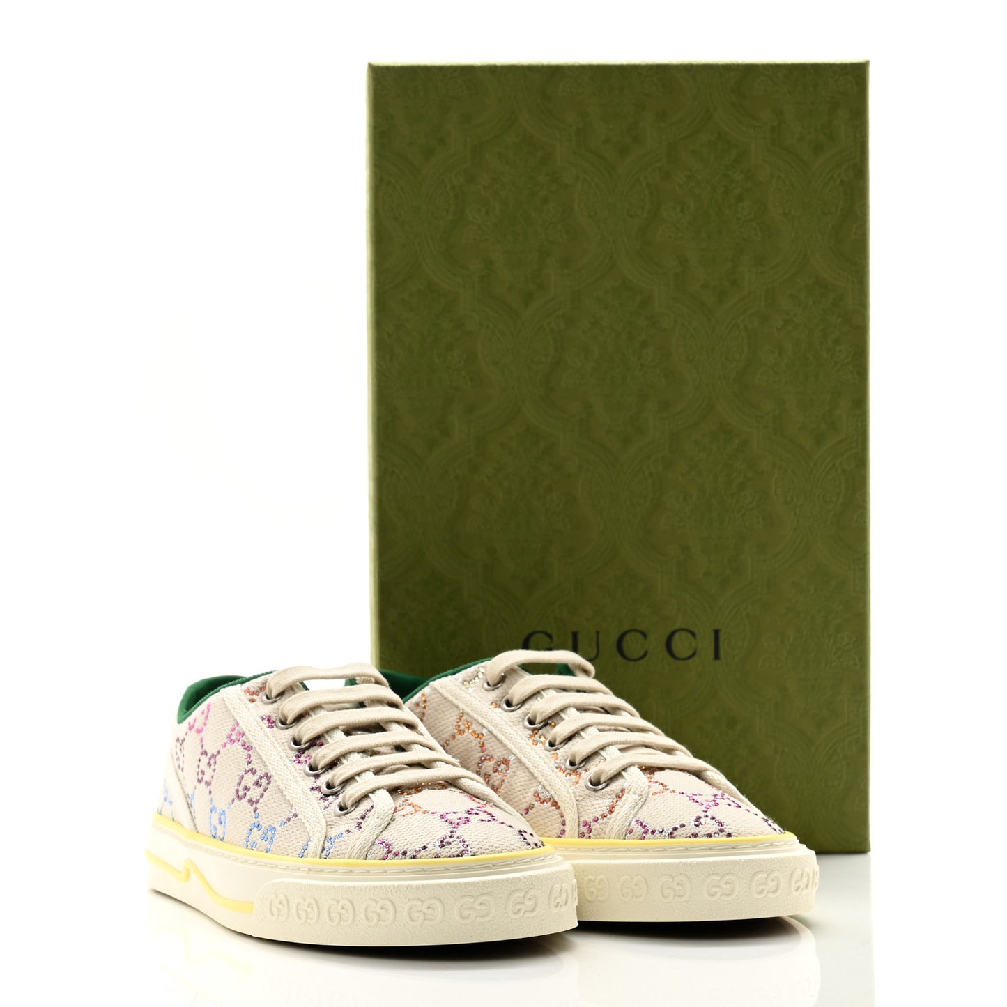 Canvas Lame Crystal GG Monogram Womens 1977 Tennis Sneakers 37 Gardenia Silver Mystic White