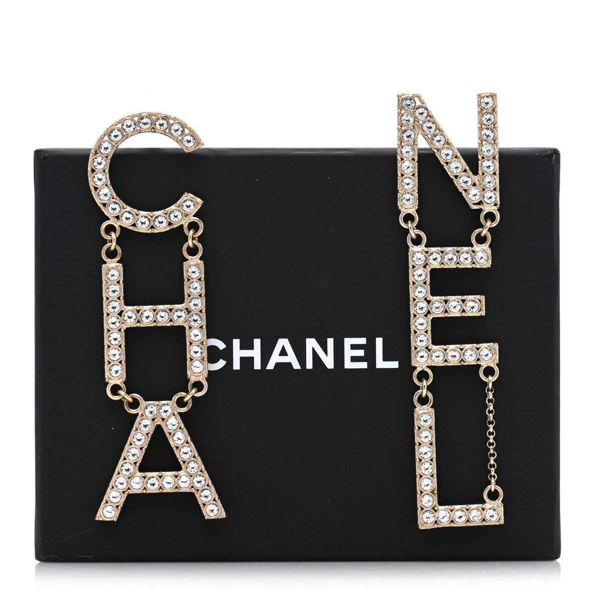 Crystal Cha-Nel Logo Drop Earrings Gold