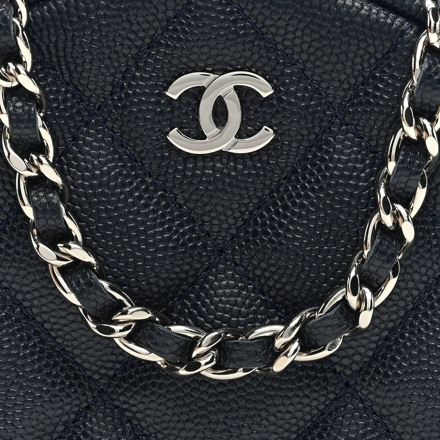 Caviar Quilted Round Clutch With Chain Navy