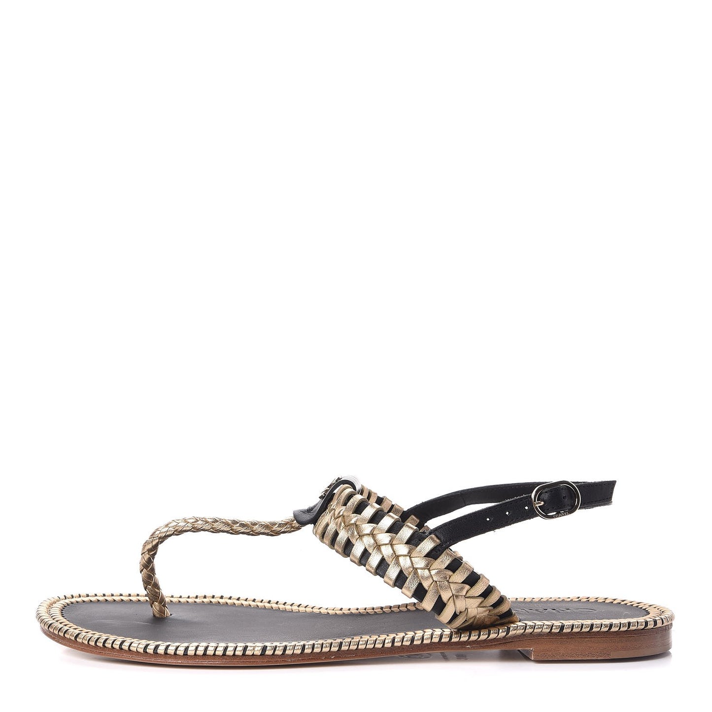 Metallic Lambskin Calfskin Braided Thong Sandals 40 Black Gold
