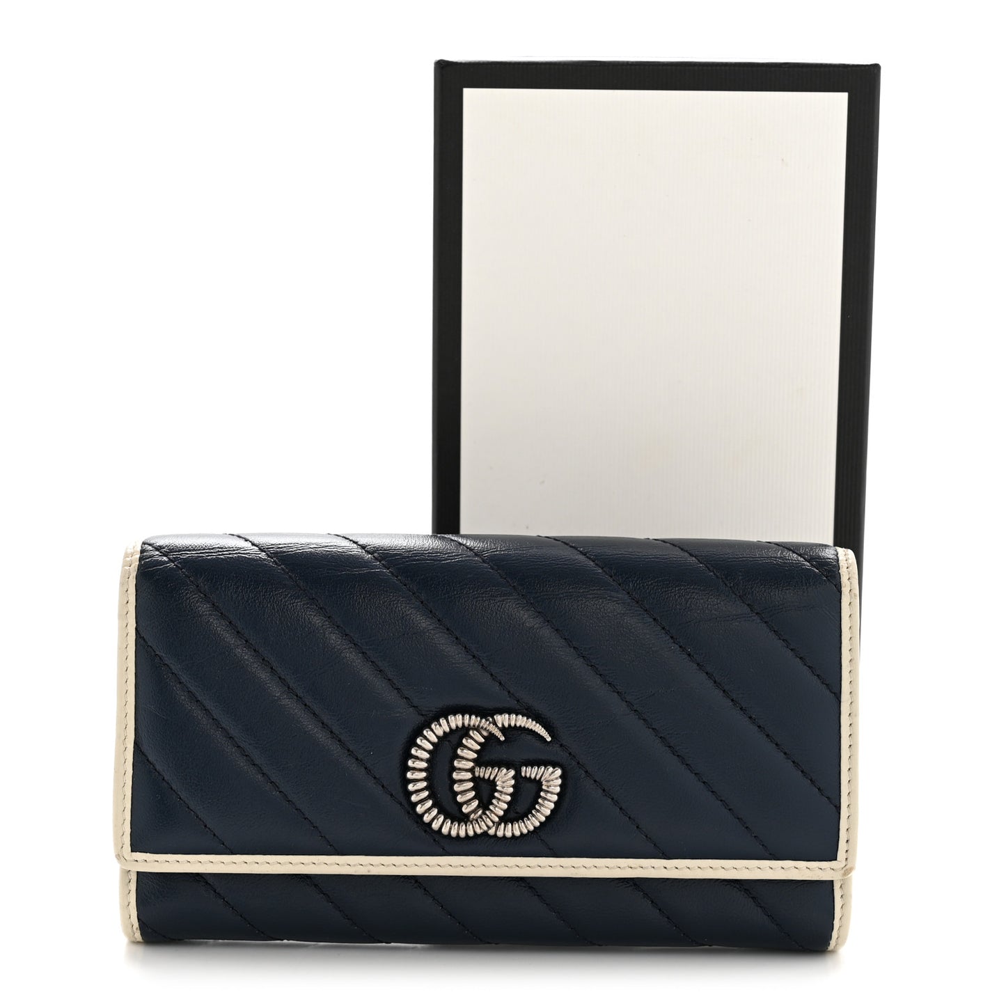 Vintage Effect Calfskin Matelasse Diagonal Torchon GG Marmont Continental Wallet Blue Agata Mystic White