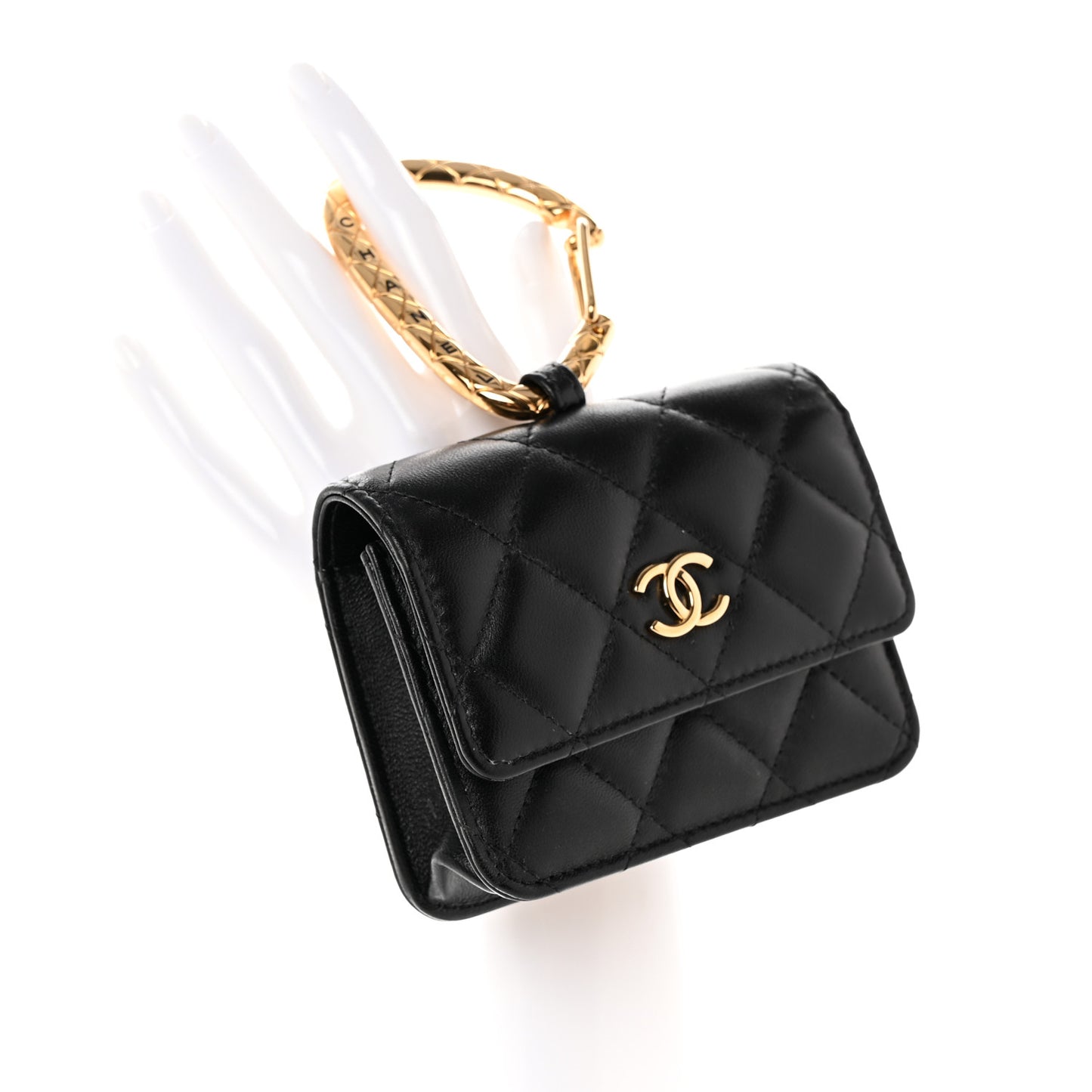 Lambskin Quilted CC Hook Card Holder Black