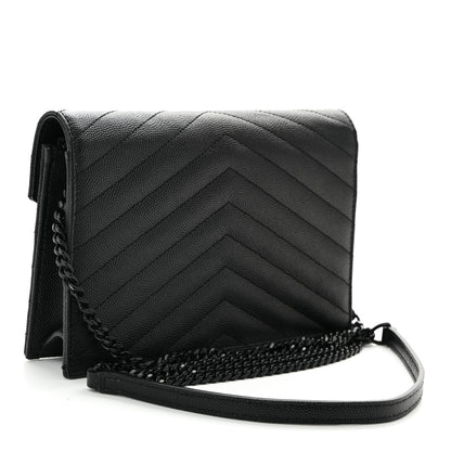Saint Laurent Grain De Poudre Matelasse Chevron Monogram Monochrome Envelope Chain Wallet Black 2 of 10