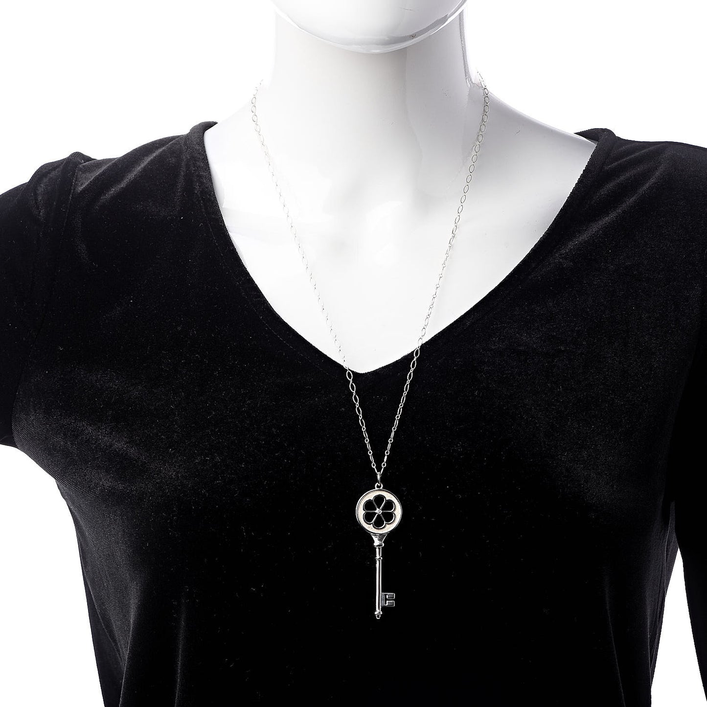Sterling Silver Diamond Blossom Key Pendant Link Necklace