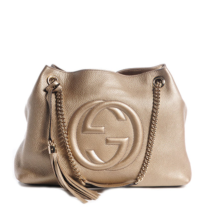 Gucci Metallic Pebbled Calfskin Medium Soho Chain Shoulder Bag Golden Beige 1 of 9