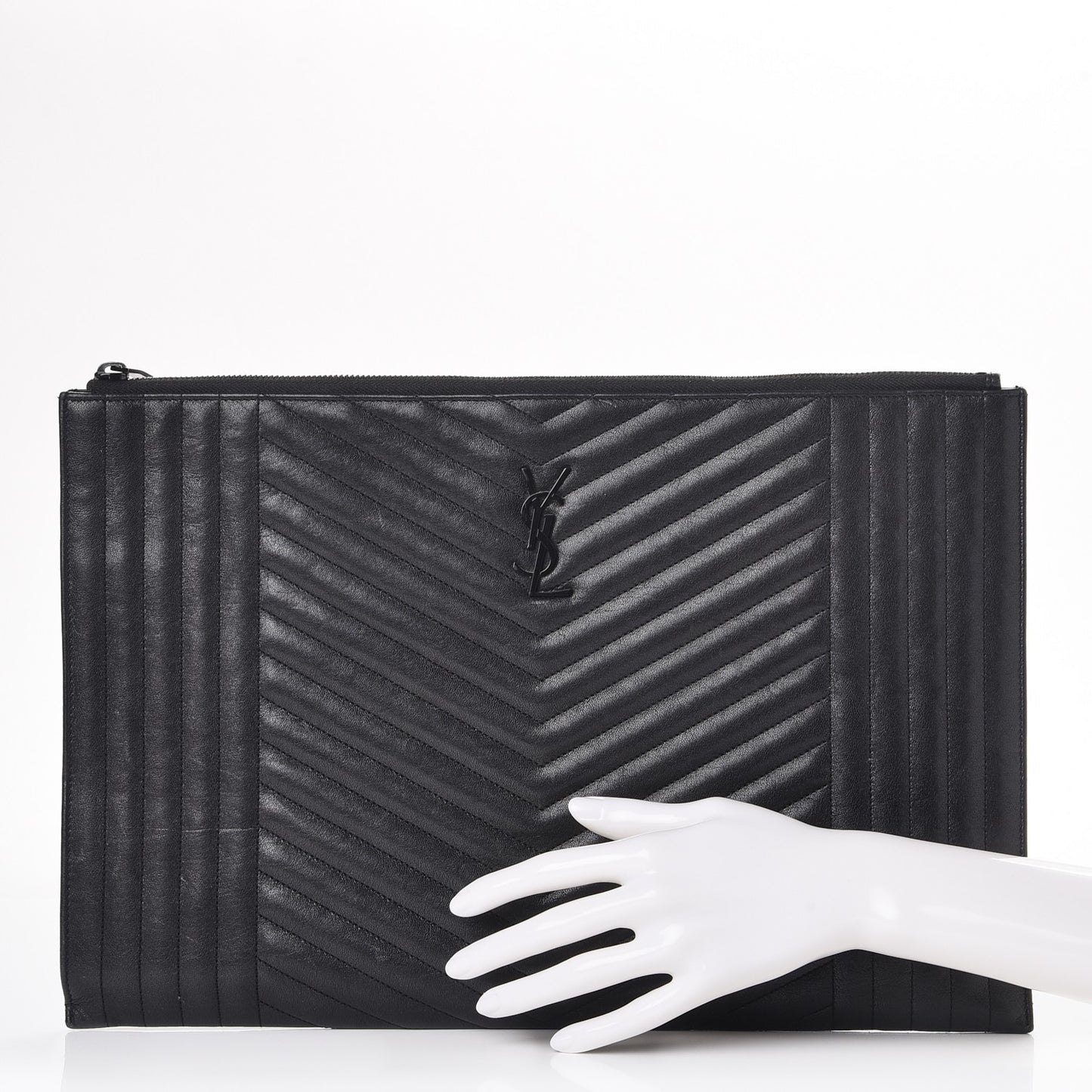 Lambskin Mixed Matelasse Classic Monogram Zipped Document Holder Black