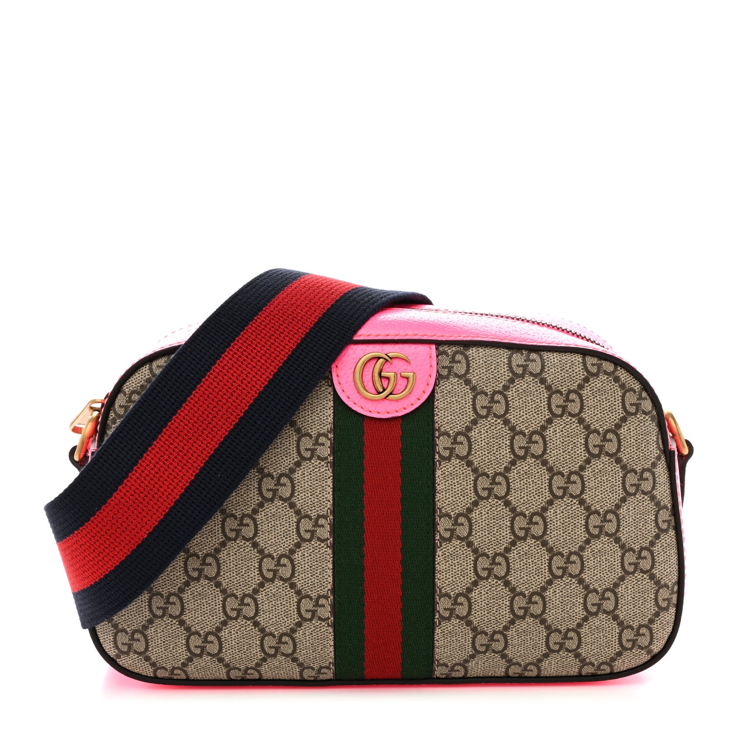 Gucci GG Supreme Monogram Textured Dollar Calfskin Web Ophidia Small Crossbody Bag Beige Ebony Fuchsia 1 of 10