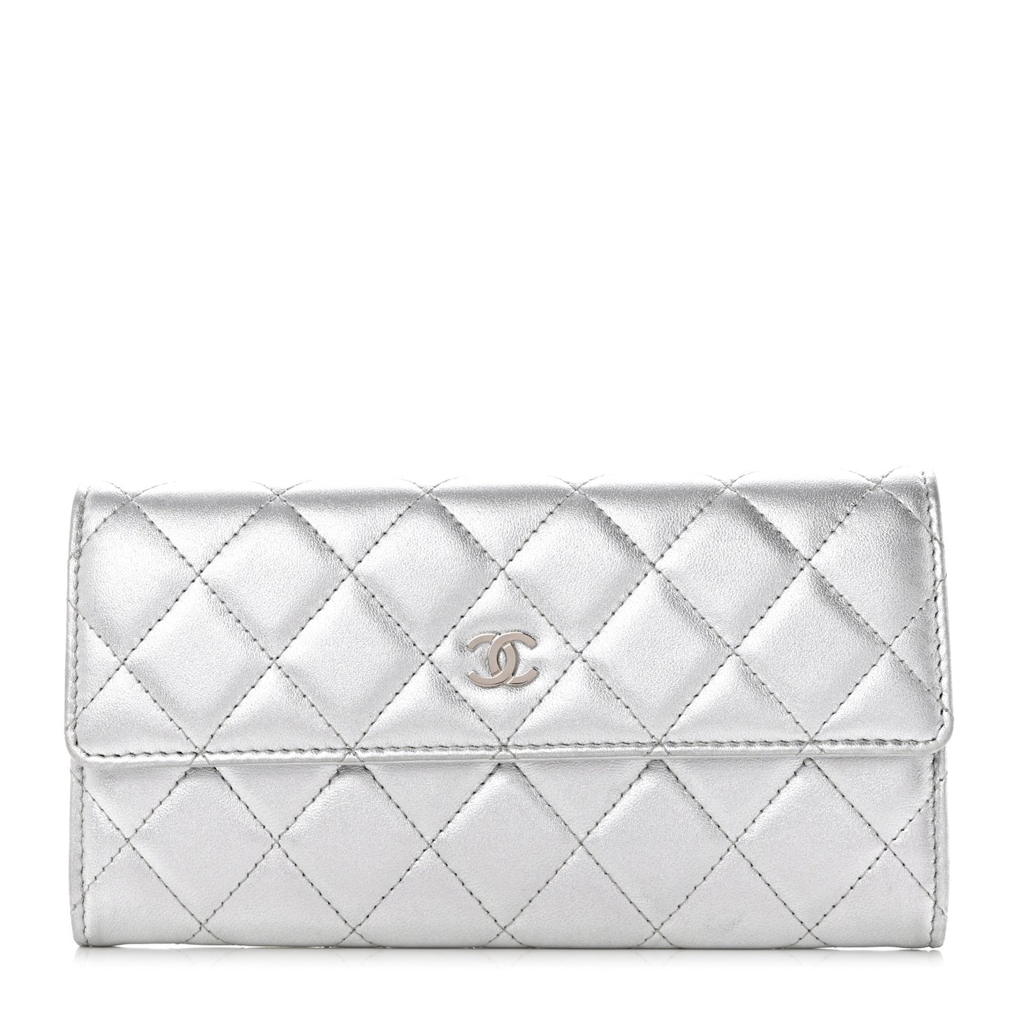 Metallic Lambskin Quilted Long Flap Wallet Silver