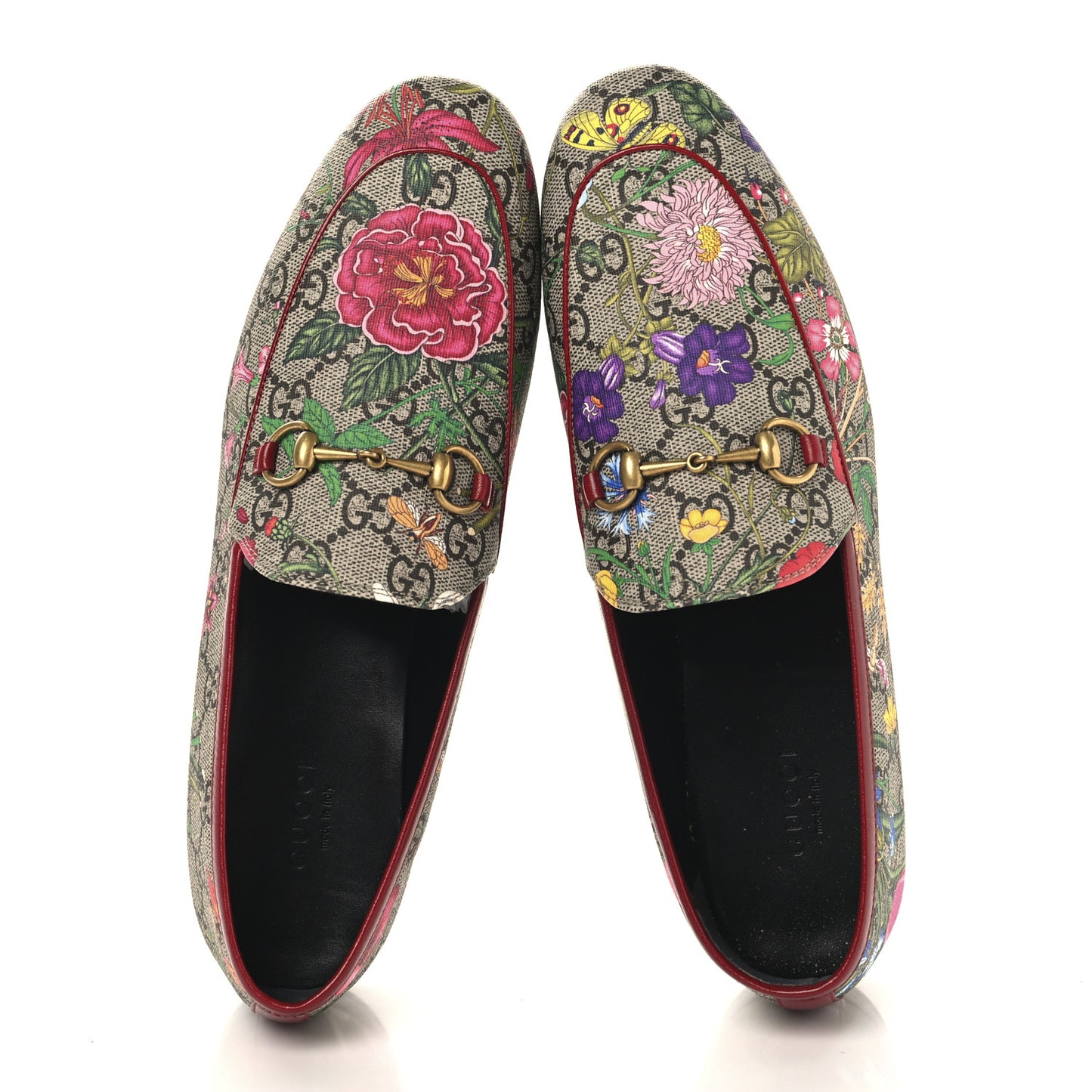 Canvas GG Monogram Flora Horsebit Womens Jordaan Loafers 39 Beige Ebony Multicolor Rosso