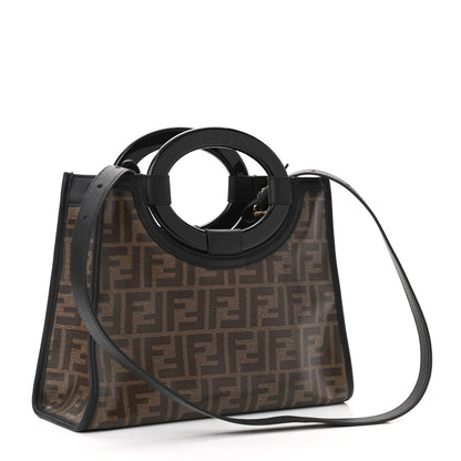 Fendi Glazed Fabric Vitello Century Plexiglass FF 1974 Stamp Patch Small Runaway Shopper Tote Mogano Panna Black 3 of 10