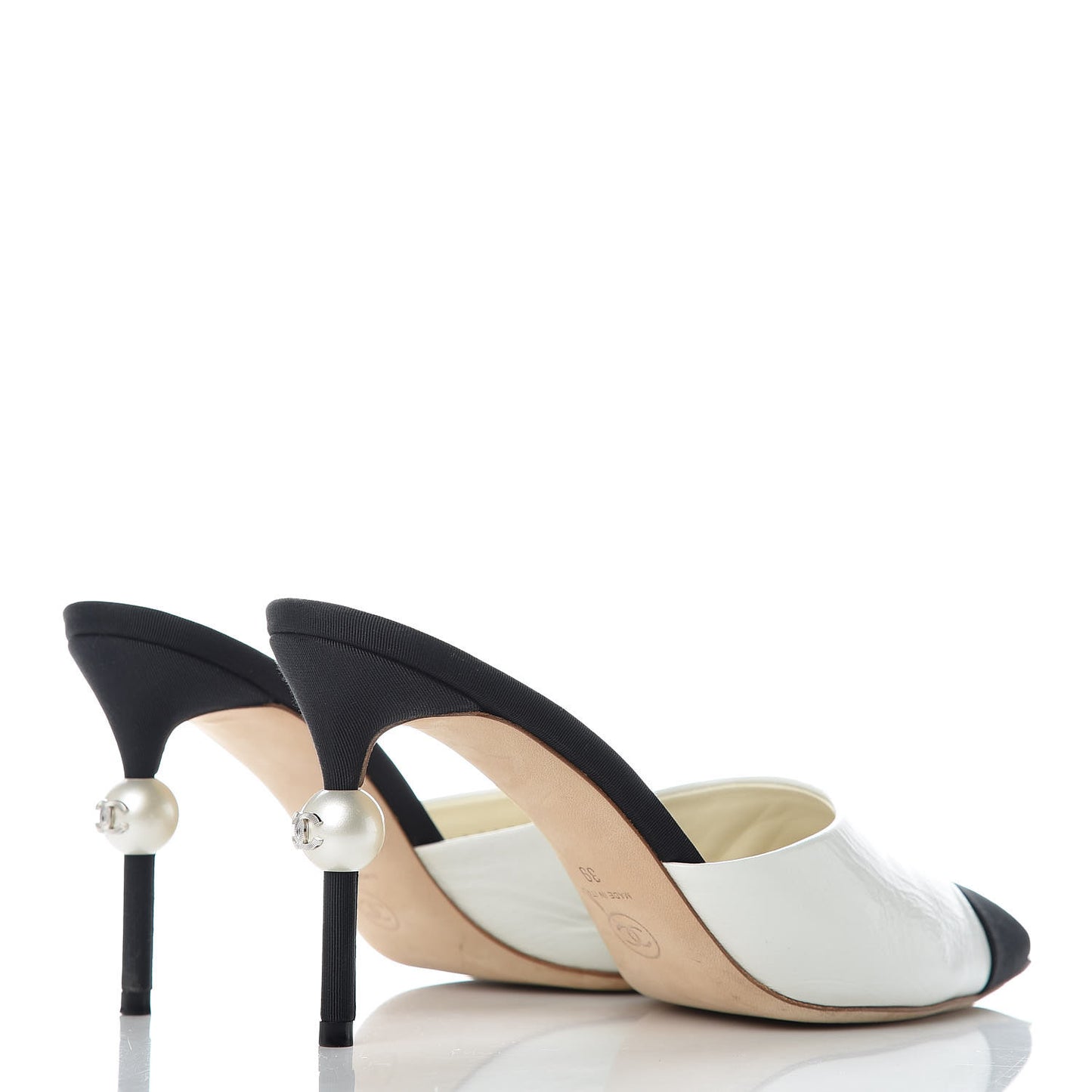 Patent Lambskin Grosgrain Cap Toe Pearl Mule 39 White Black