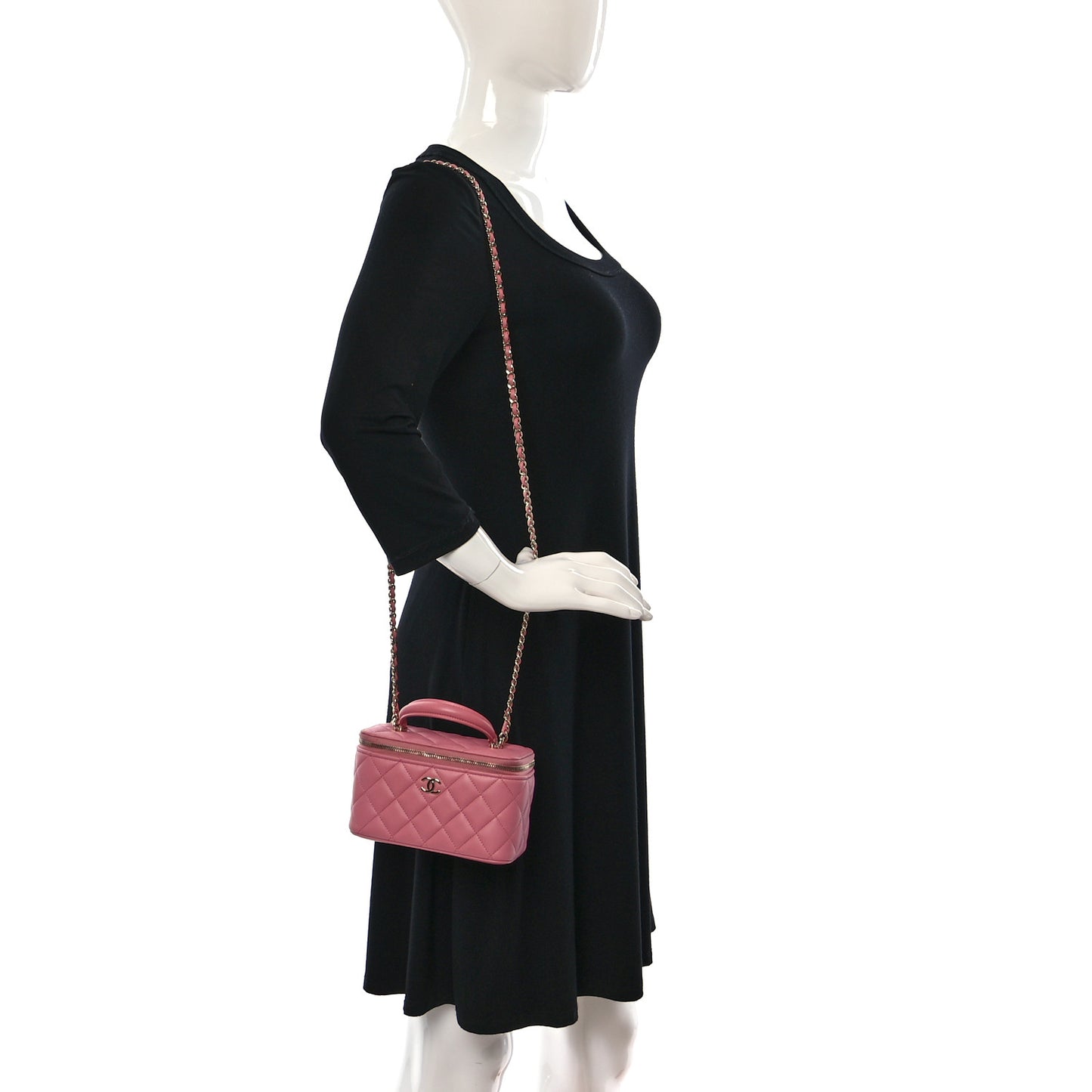 Lambskin Quilted Small Top Handle Vanity Case With Chain Pink