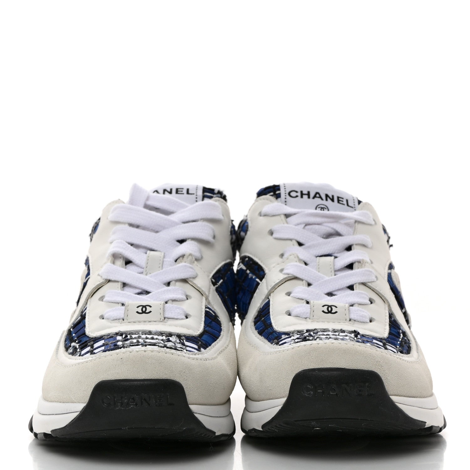 Chanel Tweed Suede Calfskin Womens CC Sneakers 38.5 Dark Blue Black Grey White 2 of 9