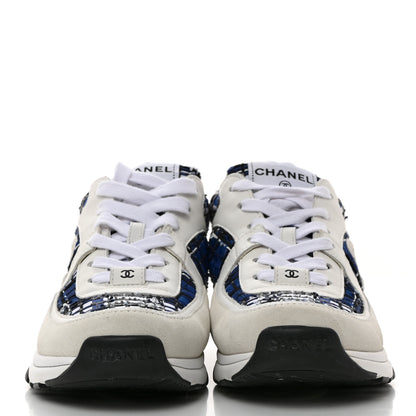 Chanel Tweed Suede Calfskin Womens CC Sneakers 38.5 Dark Blue Black Grey White 2 of 9