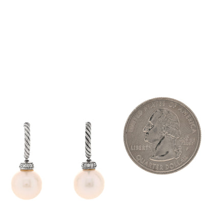 David Yurman Sterling Silver Diamond Cultured Pearl 10mm Solari Drop Earrings 2 of 5