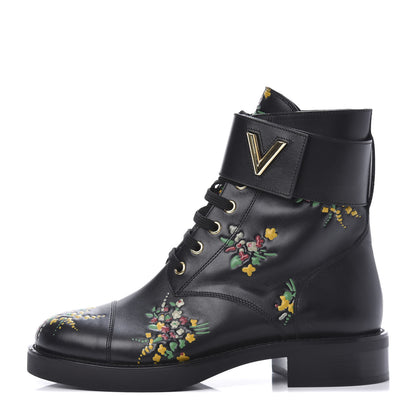 Louis Vuitton Calfskin Wonderland Ranger Flowers Boots 37.5 Black 1 of 10