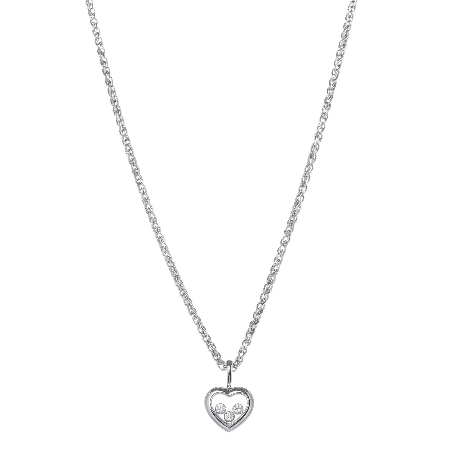 18K White Gold 3 Happy Diamonds Icons Heart Pendant Necklace
