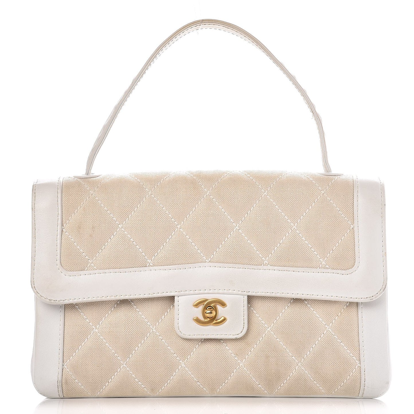 Lambskin Canvas Quilted Top Handle Flap Bag White