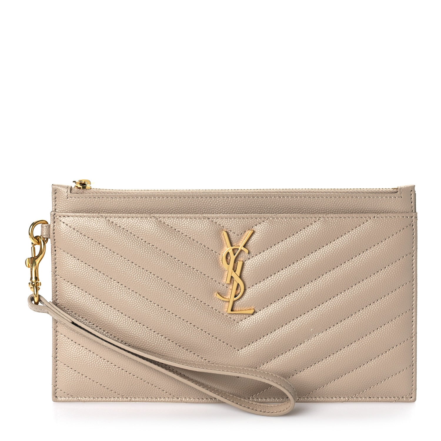 Saint Laurent Grain De Poudre Chevron Monogram Large Bill Pouch Dark Beige 1 of 11