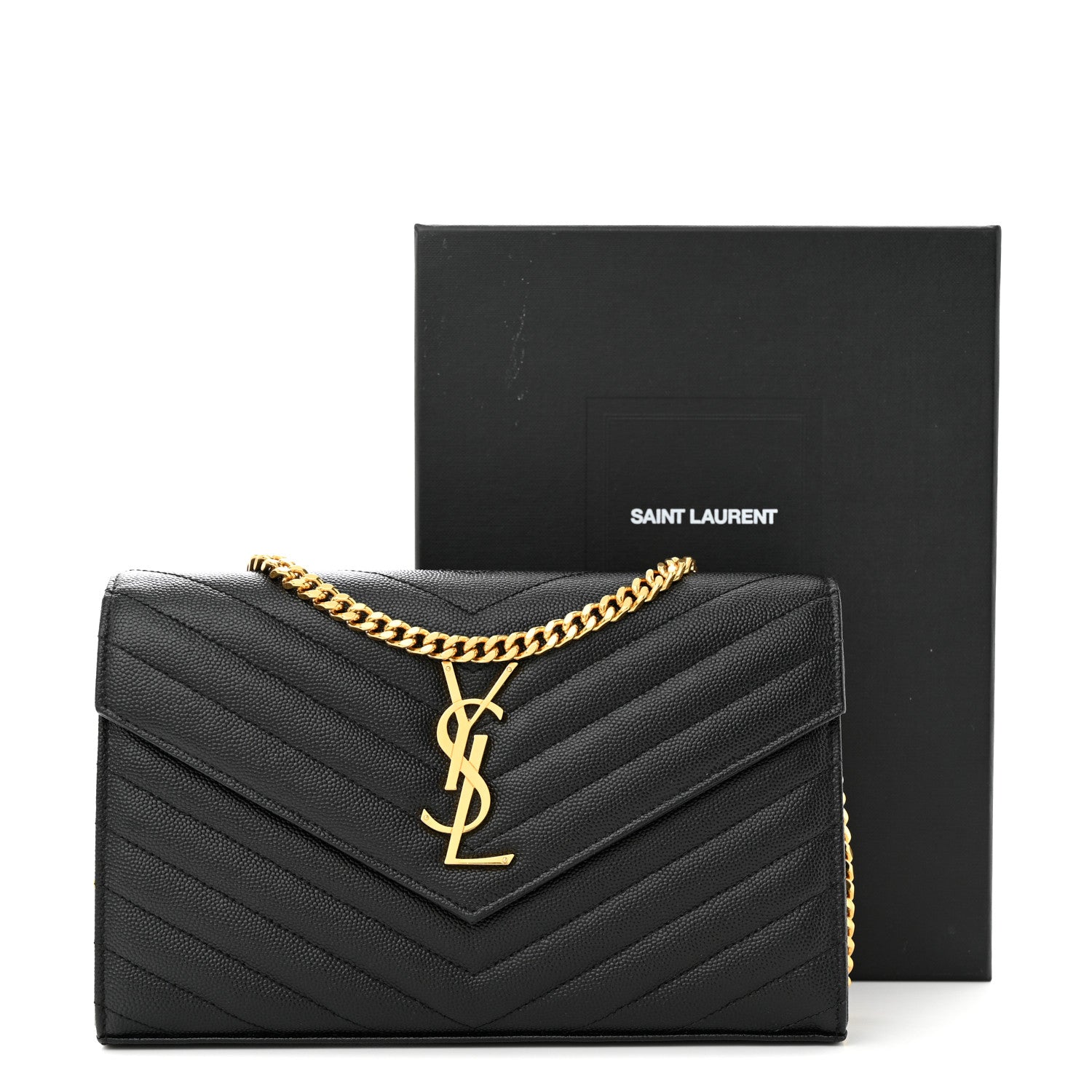 Saint Laurent Grain De Poudre Matelasse Chevron Monogram Chain Wallet Black 12 of 12