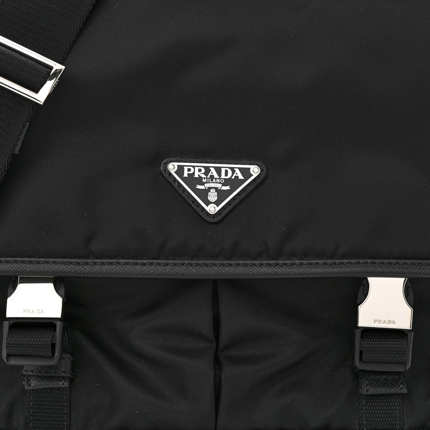 Tessuto Nylon Saffiano Large Double Snap Buckle Messenger Bag Black