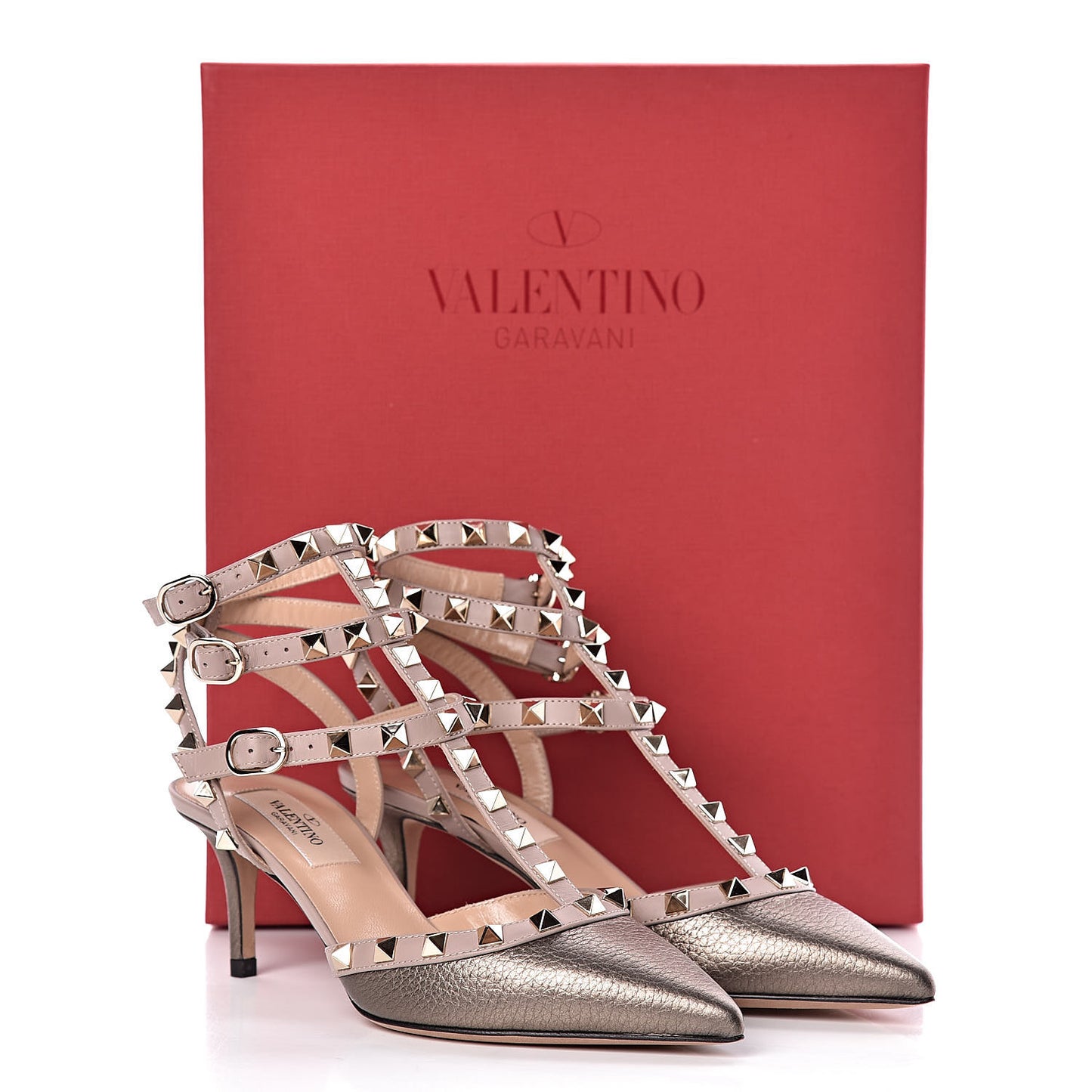 Metallic Pebbled Calfskin Rockstud Ankle Strap 65mm Pumps 35.5 Sasso Poudre