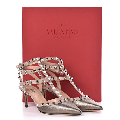 Valentino Garavani Metallic Pebbled Calfskin Rockstud Ankle Strap 65mm Pumps 35.5 Sasso Poudre 9 of 9