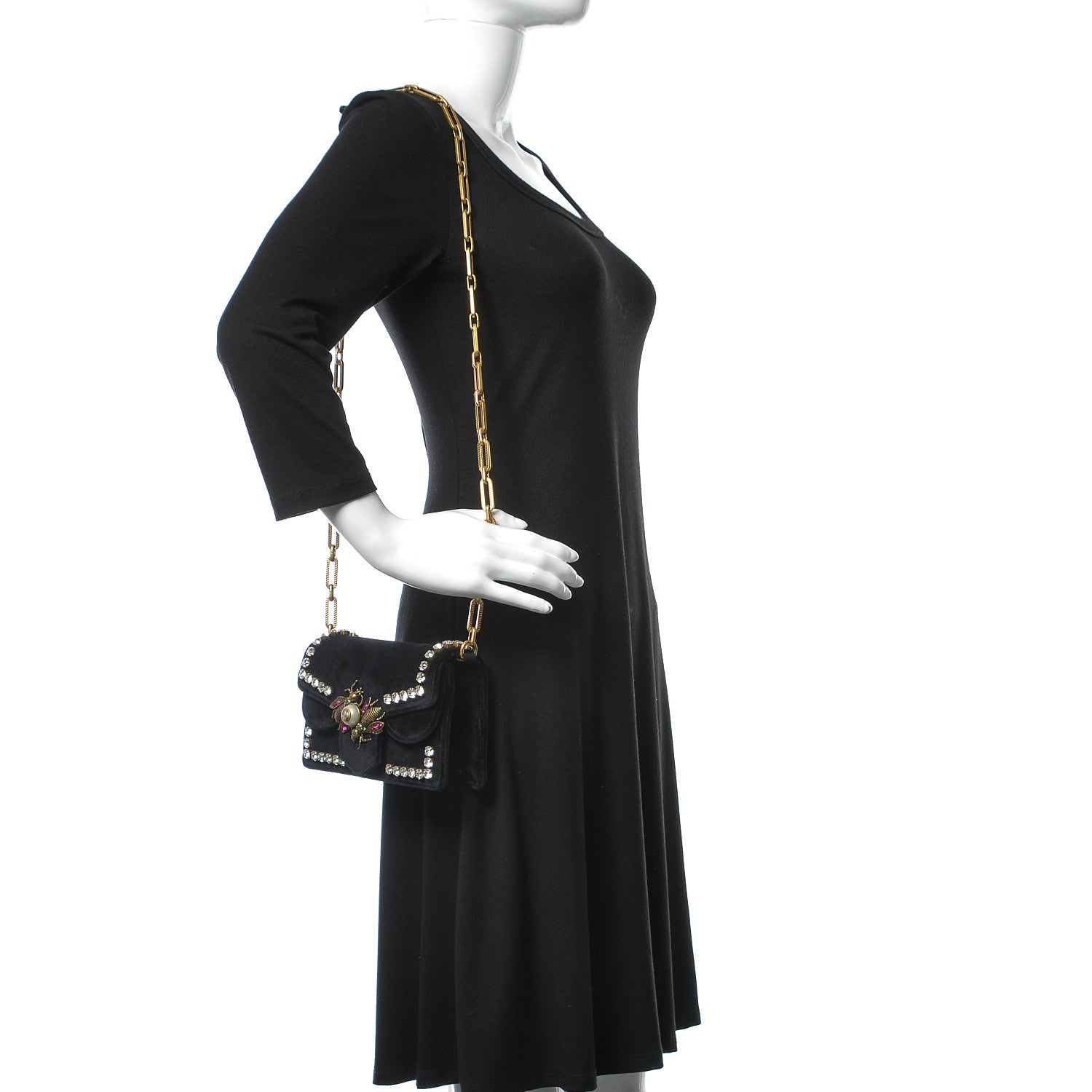 Gucci Velvet Crystal Mini Bee Broadway Shoulder Bag Black 2 of 14