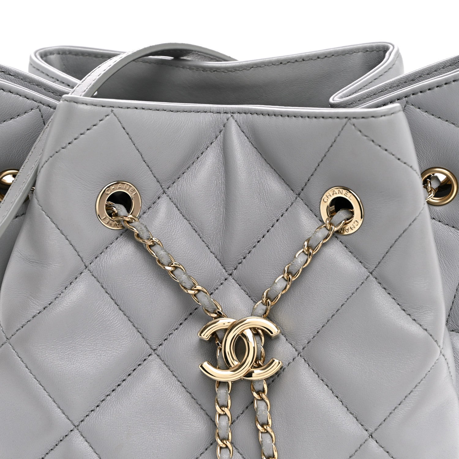 Chanel Lambskin Quilted CC Dweller Drawstring Bucket Bag Light Grey 8 of 10