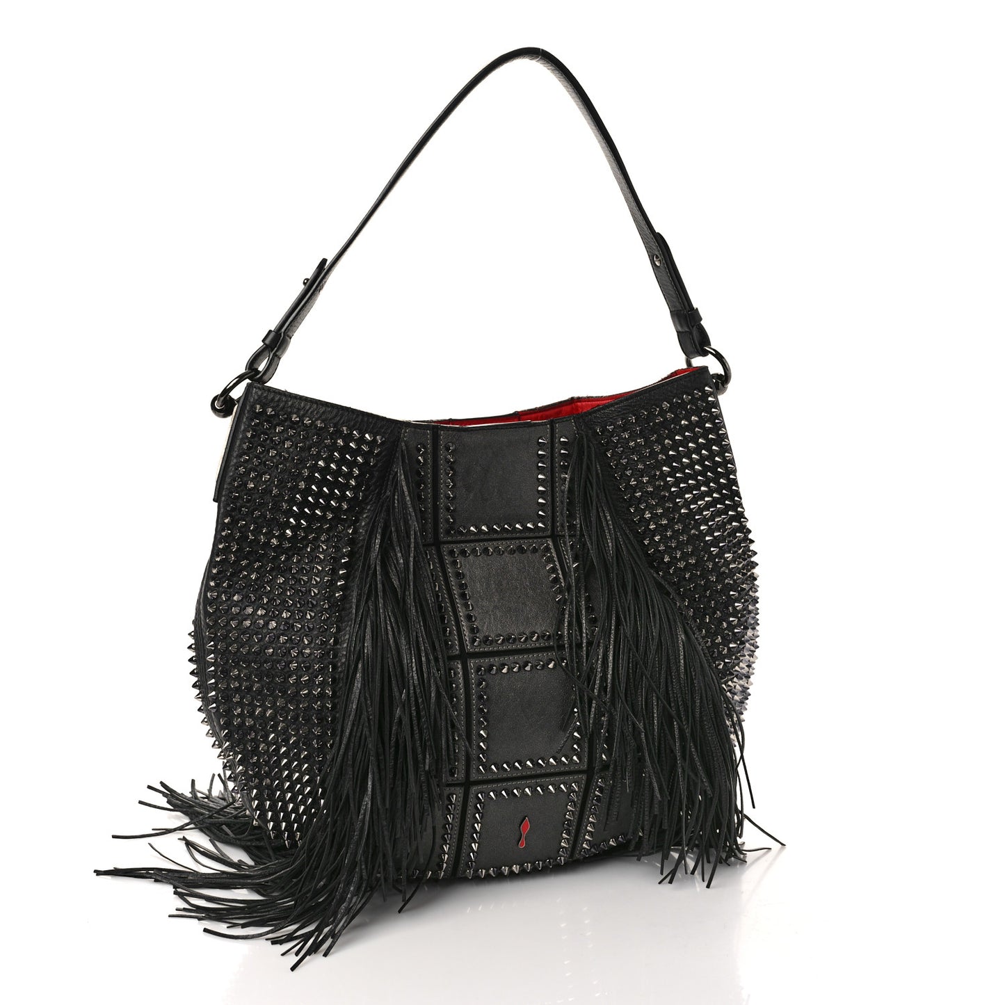 Metallic Sheepskin Spikes Fringed Lucky L Hobo Anthracite