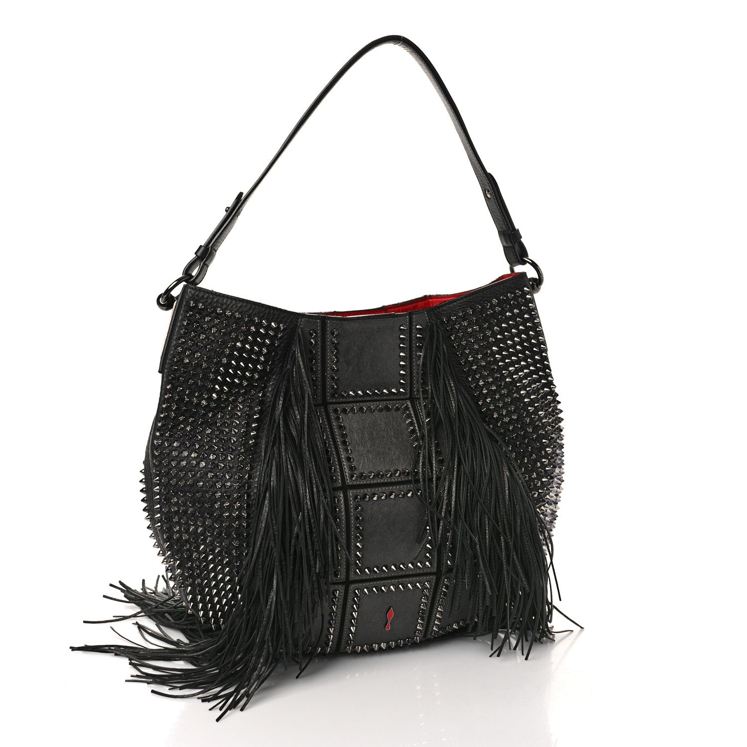 Christian Louboutin Metallic Sheepskin Spikes Fringed Lucky L Hobo Anthracite 2 of 11